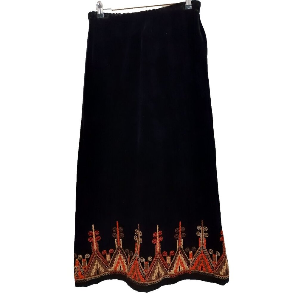 VTG 80s Maxi Skirt Medium Black Orange Velvet Hand Embroidered Tribal BOHO